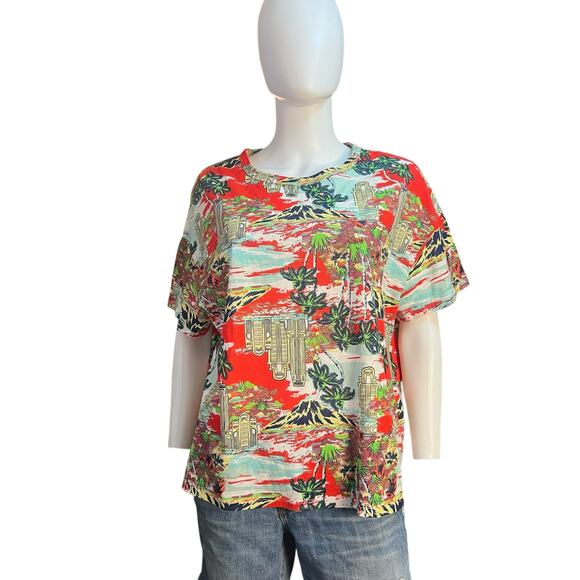 Zara Red Tropical Print Lightweight Boxy Cotton Tee T-Shirt Size L - Picture 2 of 5
